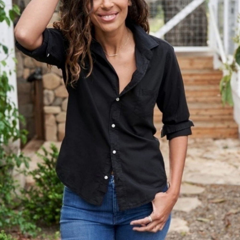 Frank Eileen size XS Barry shirt top solid black button long sleeve cotton